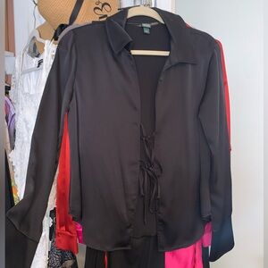Black long sleeved satin top with ties